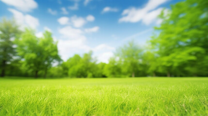 Fototapeta na wymiar Beautiful blurred background image of spring nature with a neatly trimmed lawn surrounded by trees against a blue sky with clouds on a bright sunny day