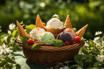 Wicker basket full of assorted ice cream on green background