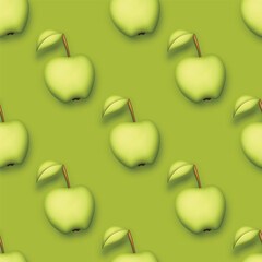 Seamless Pattern with Colorful Cute Apple in Modern Plastic Style. Trendy Cartoon Texture. Realistic Object. Modern Concept. Vector 3d Illustration