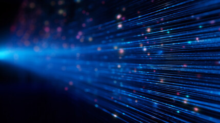 Blue light lines and dots from fiber optic wires on a dark background, computer communications idea background