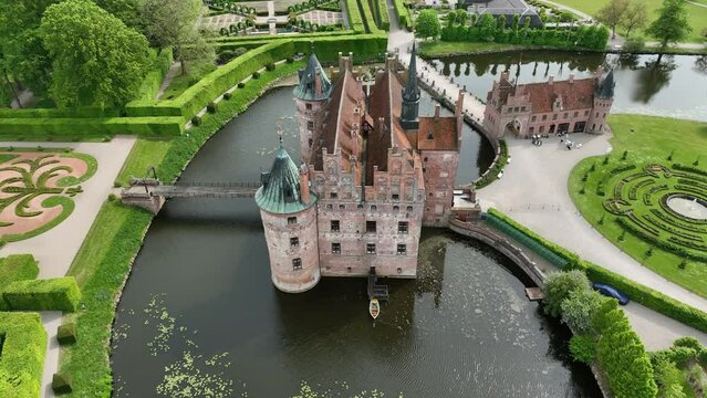 Aerial view, Denmark, Region Syddanmark, Kv&aelig;rndrup, Egeskov Castle with park, Renaissance garden