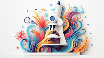 microscope illustration in paper cut style on white isolated background