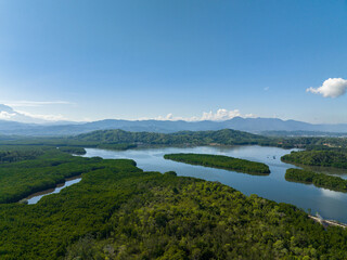 Fototapeta na wymiar Bay with mangroves against the backdrop of mountains with tropical vegetation. Borneo, Malaysia.