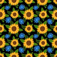 Sunflower seamless pattern on black repeat background. Yellow and blue wildflowers print. Meadow field ornament, watercolor summer botanical wallpaper, textile, texture, wrap paper, package.