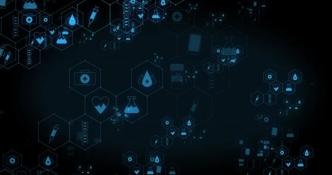 Animation of networks of blue medical icons moving on black background
