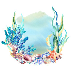 Marine composition on a blue background. Seaweed, corals and starfish. Watercolor illustration. Underwater inhabitants.
