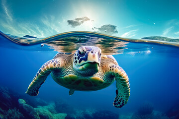 Sea turtle swimming in the under sea , Beautiful Underwater in wild nature of the Pacific Ocean , World Oceans Day Save Environment , Created with Generative Ai Technology