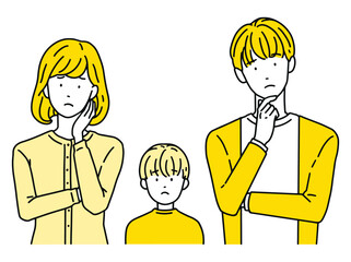 困った表情・悩む夫婦と子供　男性＆女性