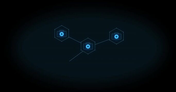 Animation of growing network of blue first aid icons on black background
