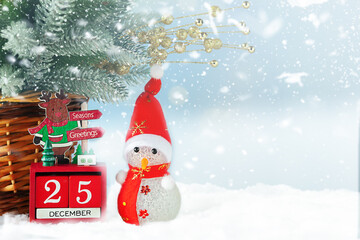 Snowman, calendar, Christmas tree and snow. Christmas background.