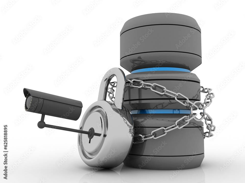 Poster 3d rendering database storage data base protected lock under cctv camera