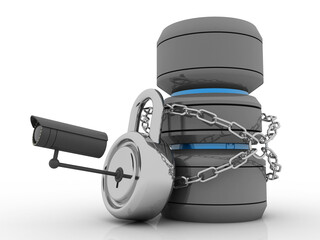 3d rendering Database storage data base protected lock under cctv camera
