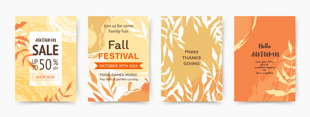 Autumn, Fall, Thanksgiving backgrounds. Trendy abstract templates for invitation, card, poster, flyer, cover, banner, placard, brochure, social media, sale advertising