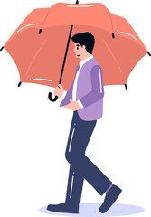Hand Drawn young man walking with umbrella in flat style