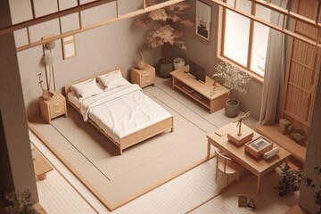 Fototapeta na wymiar Isometric 3d interior of a bedroom in beige in japandi style, minimalistic. AI generated