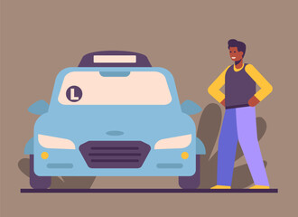 Man standing near left-hand drive car. Passing driving test concept. Learning and getting driving license concept. Flat vector illustration in cartoon style
