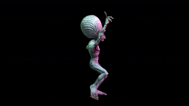 Seamless loopable animation of a terror alien dancing isolated with alpha channel.