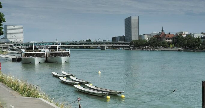 Swiss. Basel St. Johann Rhine way. Passenger boat terminal "St. Johann" and view of the Three Roses Bridge (Dreirosenbr&uuml;cke)