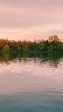 HD Video, vertical orientation -Scenic view of willow trees on the edge of the lake at sunset in Herastrau Park in Bucharest, Romania.