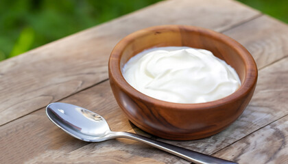 greek yogurt in wooden bowl with spoon on table outdoors