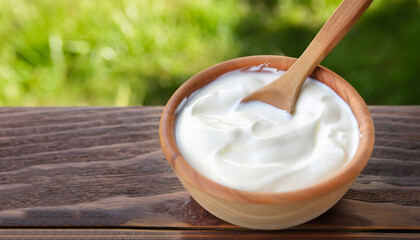 greek yogurt in wooden bowl with spoon on table outdoors