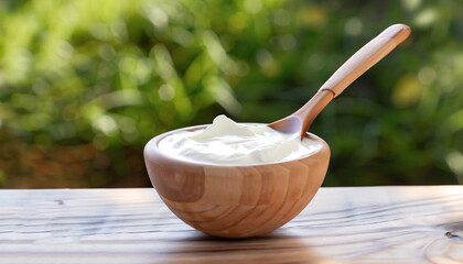 greek yogurt in wooden bowl with spoon on table outdoors