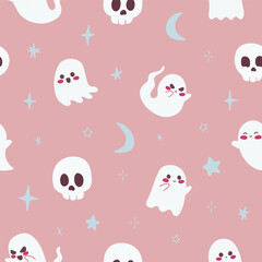 Cute Ghosts and Skulls Pattern with Moon Stars