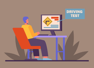 Male sitting near computer and passing driving test. Stages of learning at driving school. Theory and practice. Preparation for obtaining driver license. Flat vector illustration