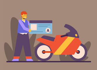 Young man gets motorcycle license, ready to drive. Passing driving test concept. Learning and getting driving license concept. Flat vector illustration in cartoon style