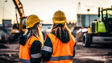 Femmes, ingénieur et architecte, contrôlant l'avancement d'un chantier de construction - générative ia