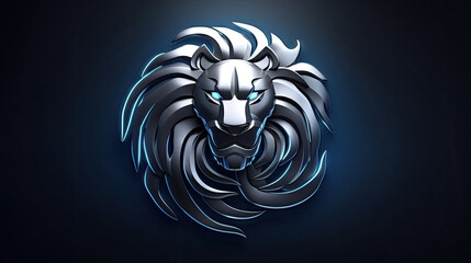 3d lion leo logo silver metallic blue lights dark background