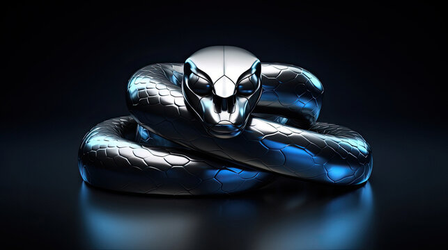 3d metallic snake silver icon isolated on black background blue lights