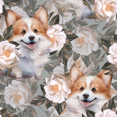 Seamless pattern with cute corgi dogs and white flowers.
