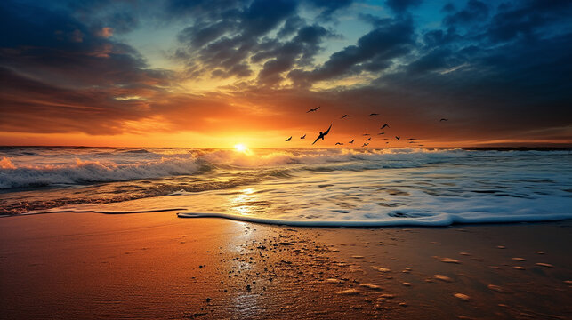 happy new year 2023 ocean sunrise on the beach shore with wave