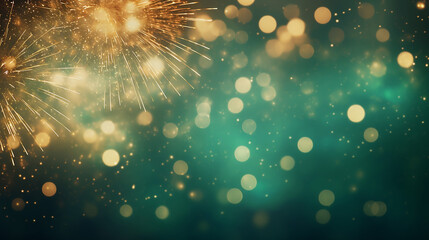 gold and green fireworks and bokeh new year eve background - obrazy, fototapety, plakaty