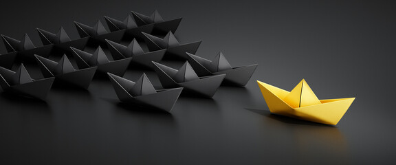 Group of black paper boats with golden leader on dark background	
