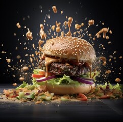 big juicy hamburger with tomato, onion, cucumber, herbs, splashes of sauce and melted cheese, illustration
