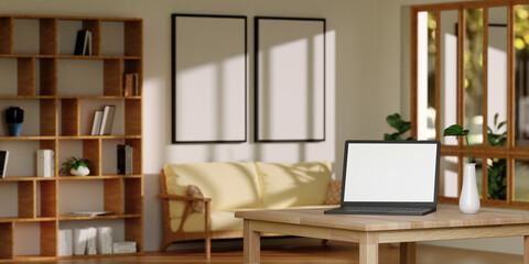 Blank vertical poster frame mock up in living room interior, modern living room interior background, beige sofa. 3d rendering illustration