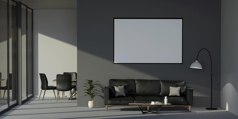 Blank horizontal poster frame mock up in Dark contemporary waiting room interior. Minimalist Scandinavian design. 3d rendering