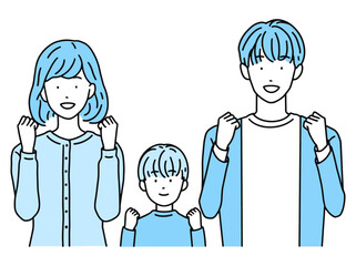 ガッツポーズをして喜ぶ夫婦と子供　男性＆女性