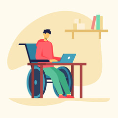 Man in wheelchair sitting at table and working on laptop from home. Support for disabled person. Workplaces for people with physical disabilities, inclusion. Flat vector illustration in cartoon style