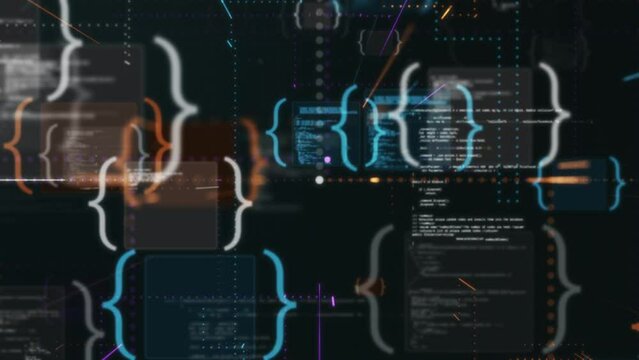 web software delevopment concept, curly brackets with abstract programming code, internet technology concept (3d render)