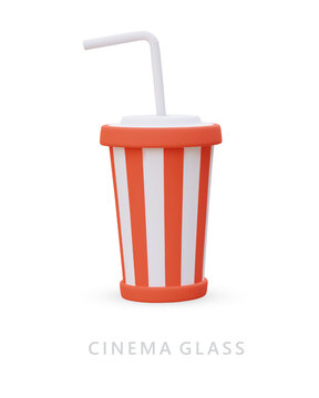 3D paper striped cup with opaque lid and straw. Utensils for cold drinks. Image on white background with shadow. Cinema classic colored packaging product