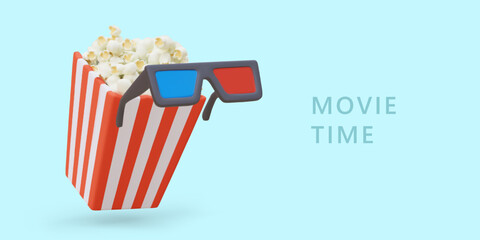 Movie time. Anaglyph blue red glasses, striped cup with popcorn. Vector banner on blue background with 3D illustration and text. Invitation to watch movie. Announcement of premiere