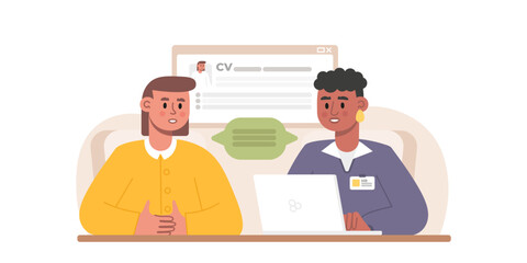 American HR working in laptop, talking with lady and talking about CV. Job interview. Process of passing questionnaires, discuss work duties. Work of human resources department. Flat vector