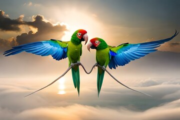 pair of parrots fighting in the air..generated Ai technology