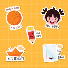 Sticker set of kids gifts for teachers with the theme of kids life. Vector illustration on the theme of a ball, books, pencils and a girl on an orange background.