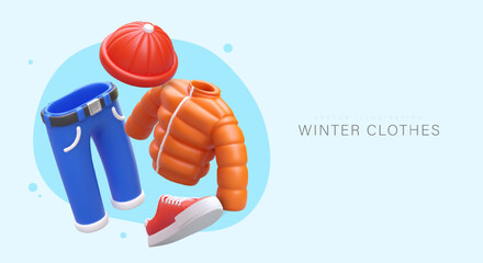 Winter clothes. Realistic puffer jacket, sneakers, hat, jeans. Accessories for complete outfit, winter collection. Time to dress warmly. Advertising poster, seasonal concept for clothing store © ArtHub02