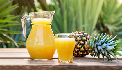 fresh pineapple juice in glass and jug with ripe fruit on wooden table outdoors. Summer refreshing drink