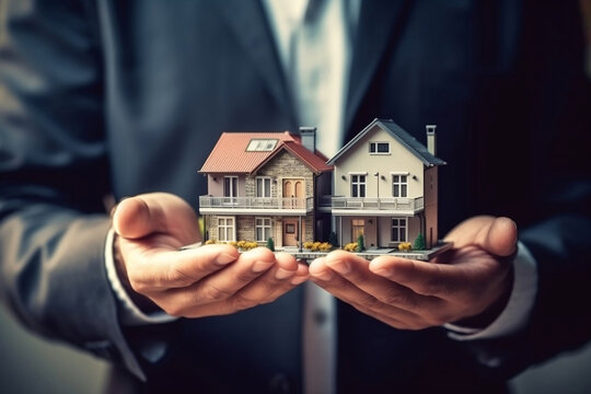 A man holding house building model in his hands, image for real estate investment business and residential mortgage loan concept.
